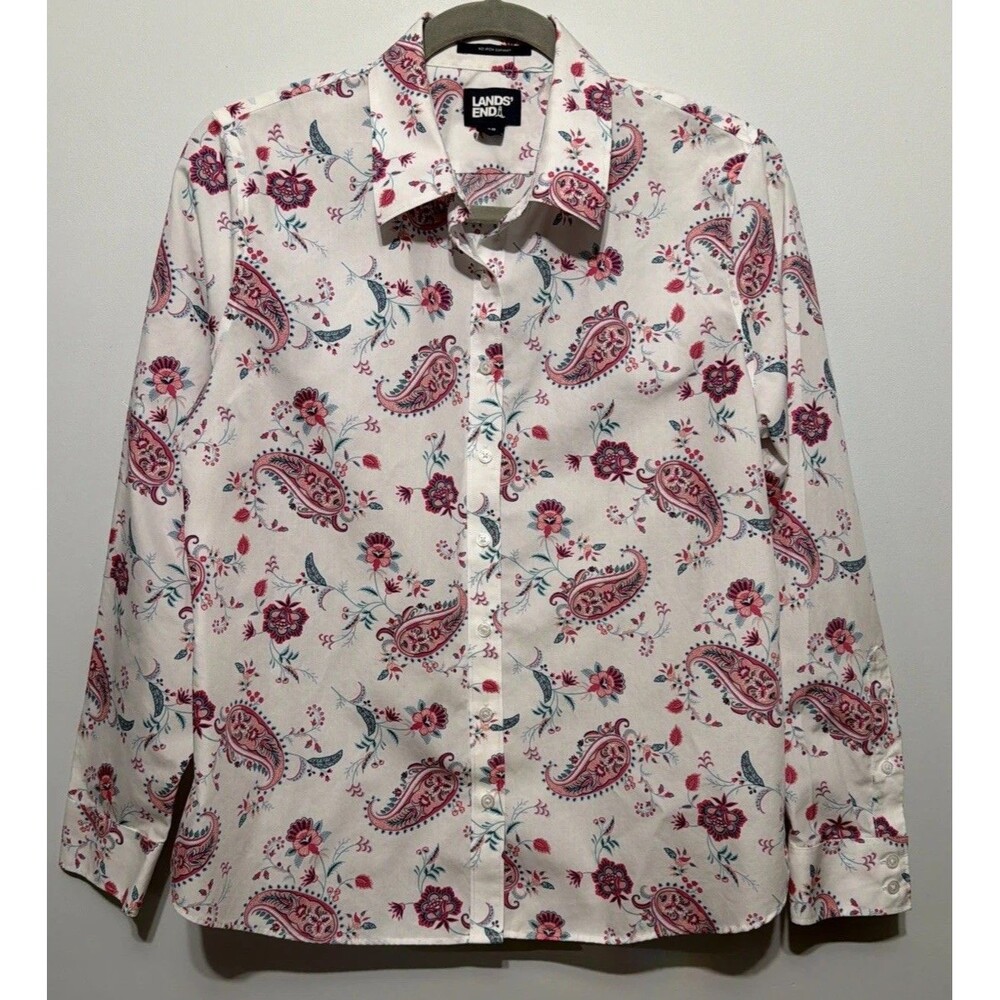 Lands End No Iron Cotton Button Up Shirt Blouse Size 8P Long Sleeve Pink Paisley